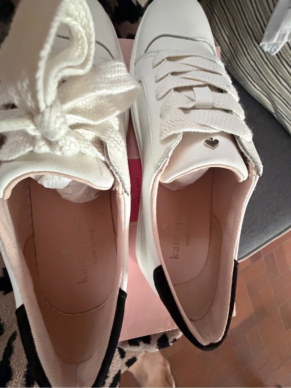 kate spade White Leather Sneakers with Black Heart Motif - Picture 5 of 9